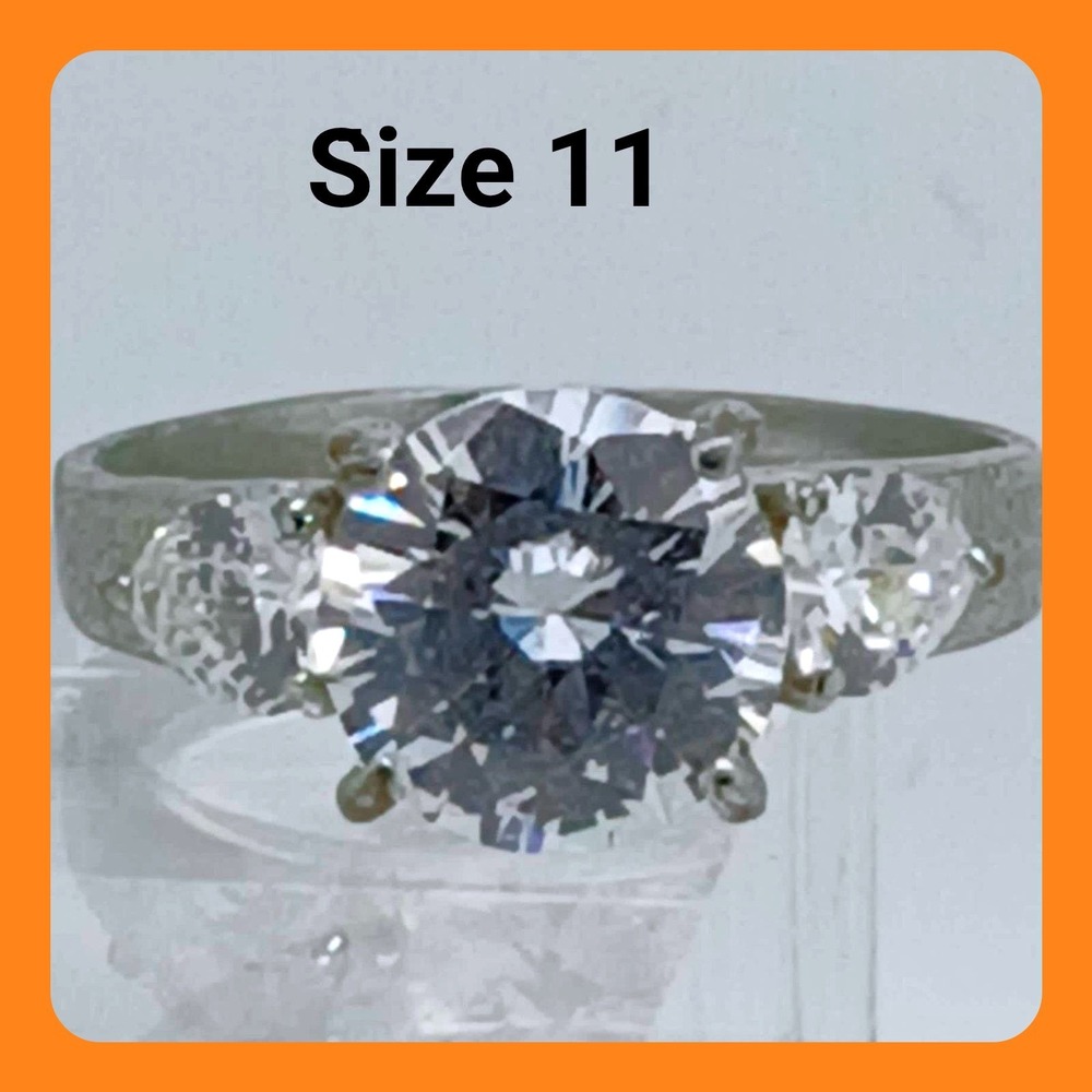 Vintage 1990s Three Stone Cubic Zirconia Ring Silver Tone Band 4CT Size 11 New